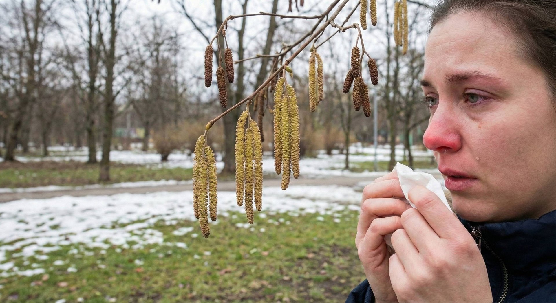 Ženska z vidnimi simptomi alergije, kot sta rdeč nos in solzne oči, si sredi parka s preostanki snega briše nos z robčkom, tik ob veji cvetoče leske.