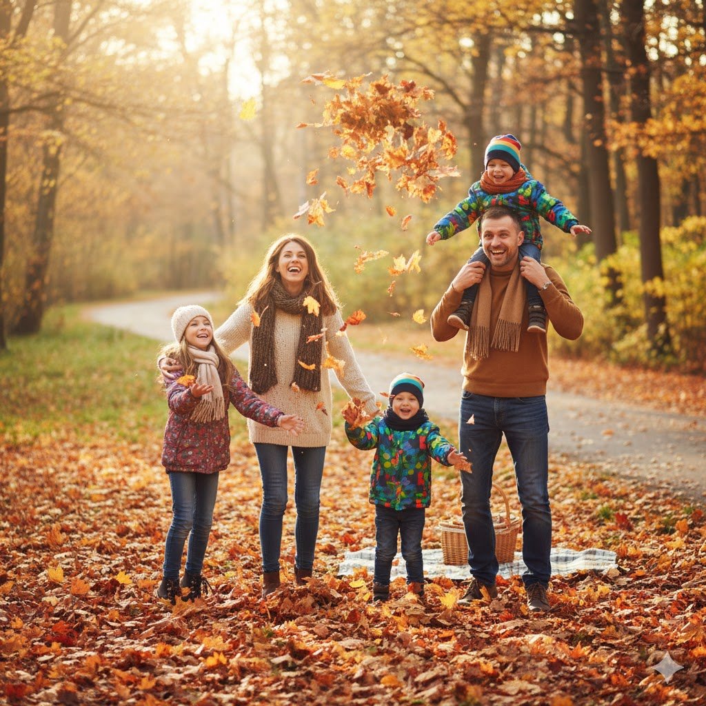 Prehladi v jesenskem času - družina na sprehodu